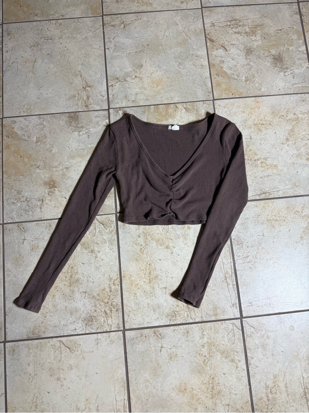Garage Brown Ribbed V-Neck Cropped Long Sleeve Top
